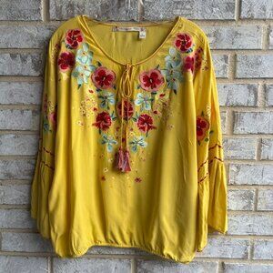 Chelsea & Violet Long Bell Sleeve Tie Neck Embroidered Floral Boho Blouse Size L
